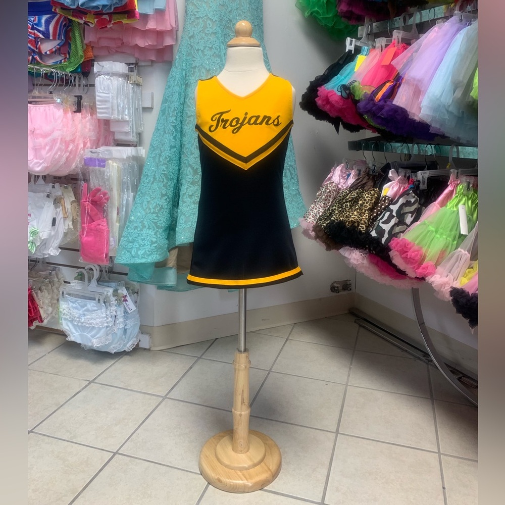 Childs Sizes 3-12 Black & Gold Trojans Logo 1 Pc Cheerleading Uniform Dress NWT